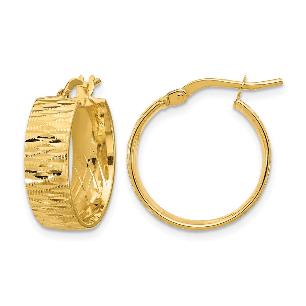 14K Yellow Gold Polished and Diamond-cut Round Hoop Earrings