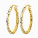 14K Yellow & Rhodium with Rhodium Polished and Dia-Cut Oval Hoop Earrings - Product Photo