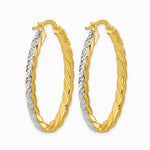 14K Yellow & Rhodium with Rhodium Polished and Dia-Cut Oval Hoop Earrings - Product Photo