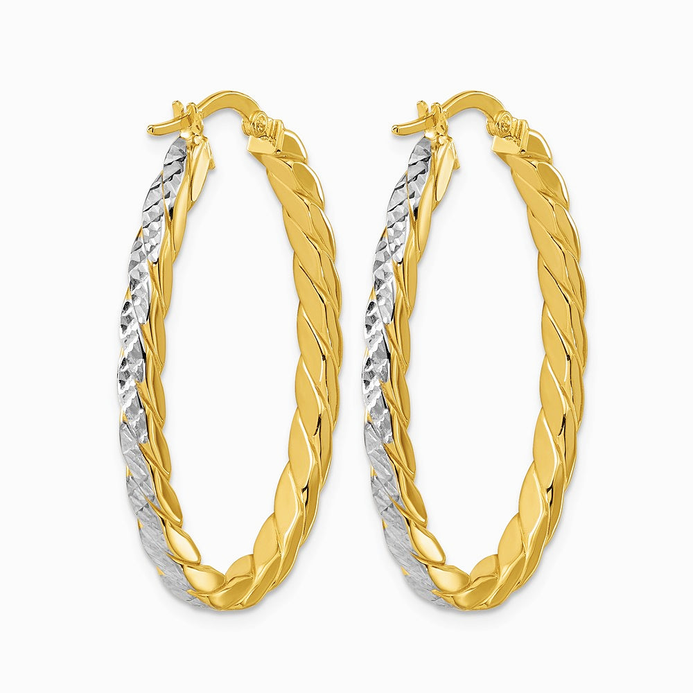 14K Yellow & Rhodium with Rhodium Polished and Dia-Cut Oval Hoop Earrings - Product Photo