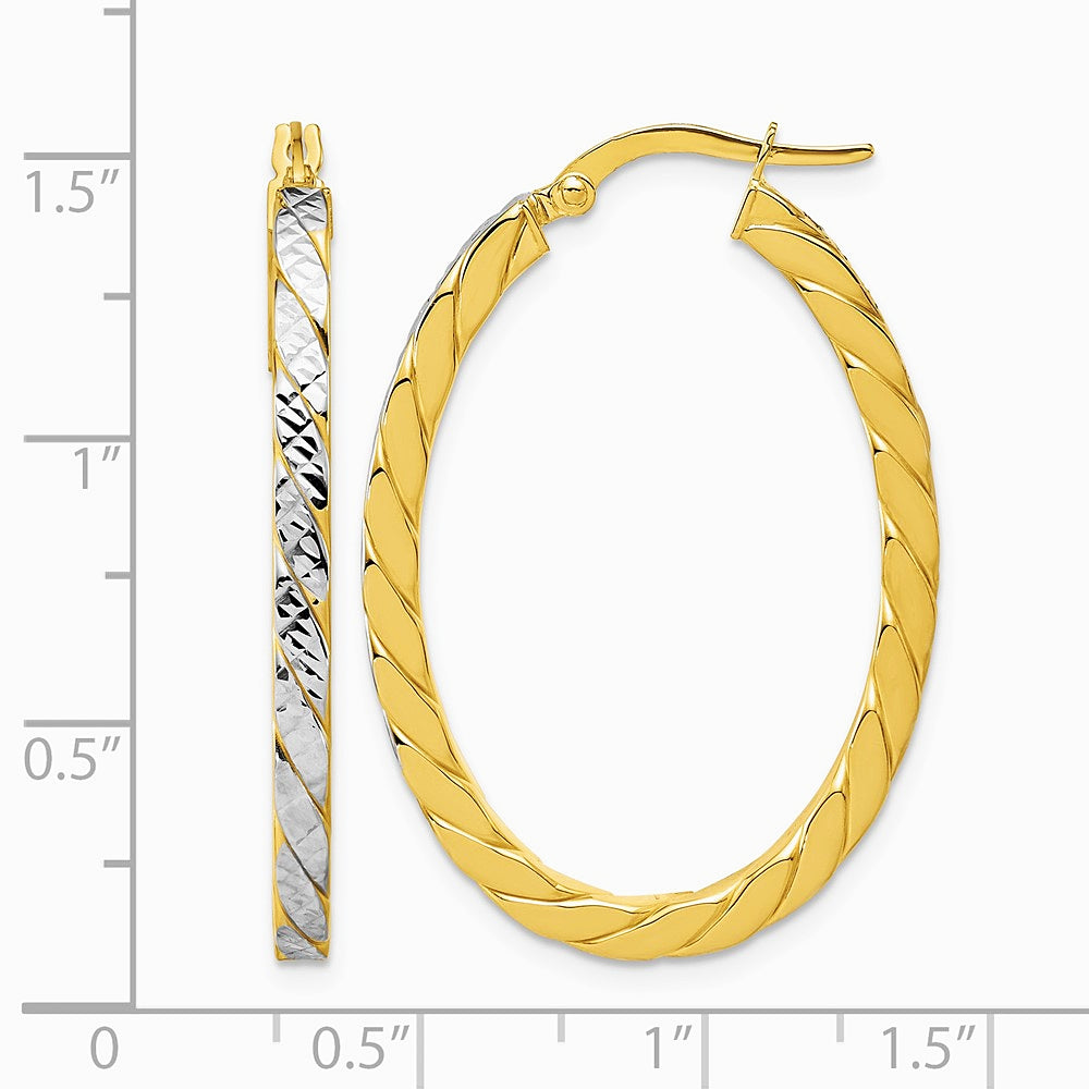 14K Yellow & Rhodium with Rhodium Polished and Dia-Cut Oval Hoop Earrings - Product Photo