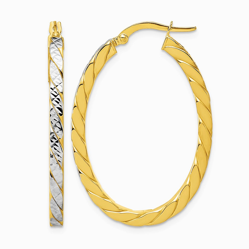 14K Yellow & Rhodium with Rhodium Polished and Diamond-cut Oval Hoop Earrings