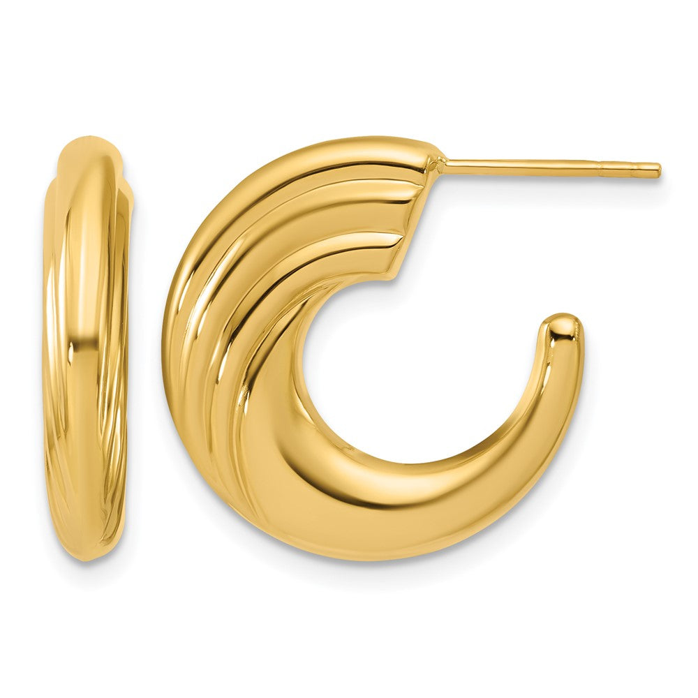 14K Yellow Gold Polished and Grooved J-Hoop Post Earrings