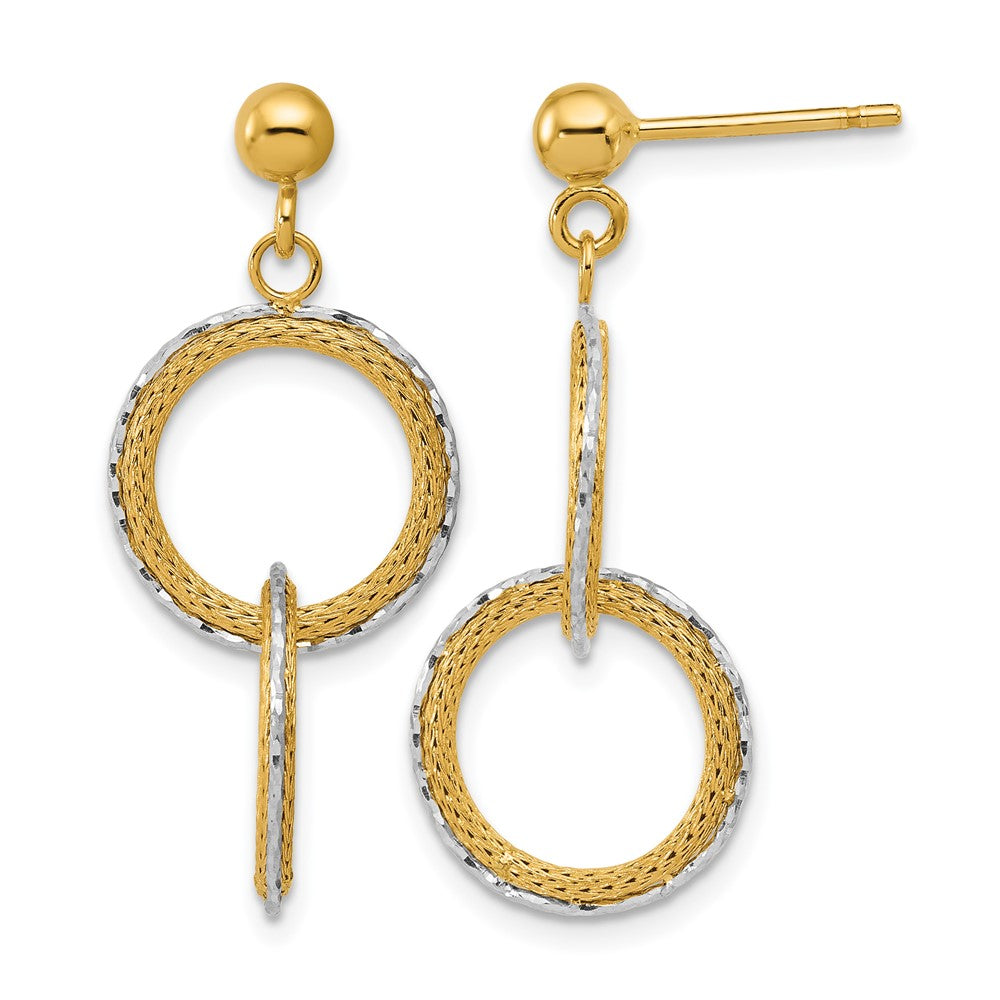 14K Two-tone 14KTT Polished Brushed Diamond-Cut Circles Post Dangle Earrings