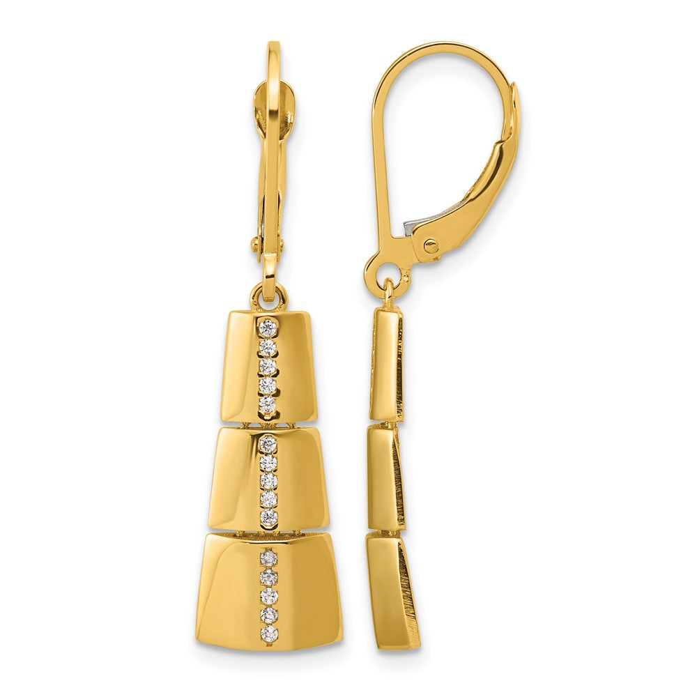 14K Yellow Gold Polished CZ Tapered Dangle Leverback Earrings