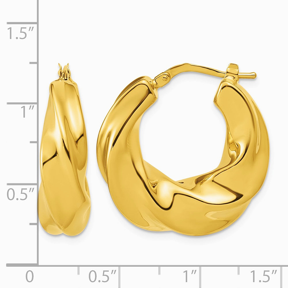 14K Yellow Gold Polished Puffed and Twisted Hoop Earrings - Product Photo