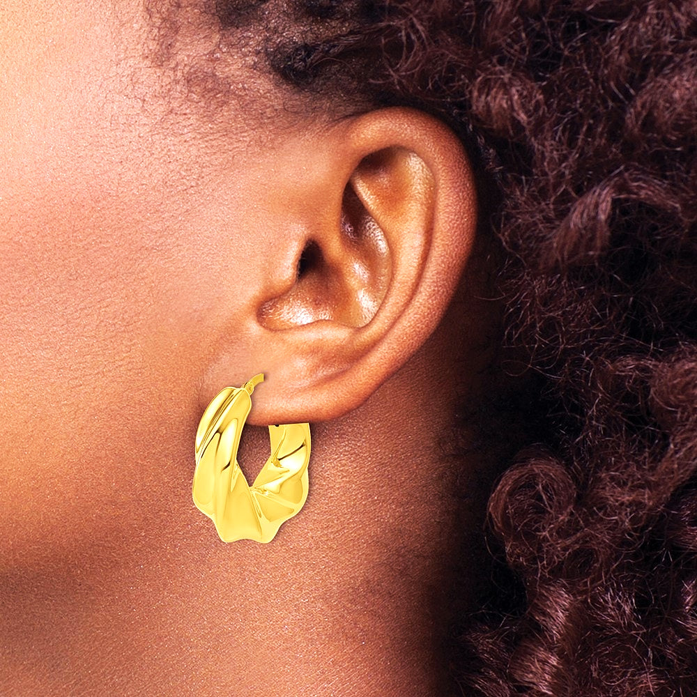 14K Yellow Gold Polished Puffed and Twisted Hoop Earrings - Product Photo