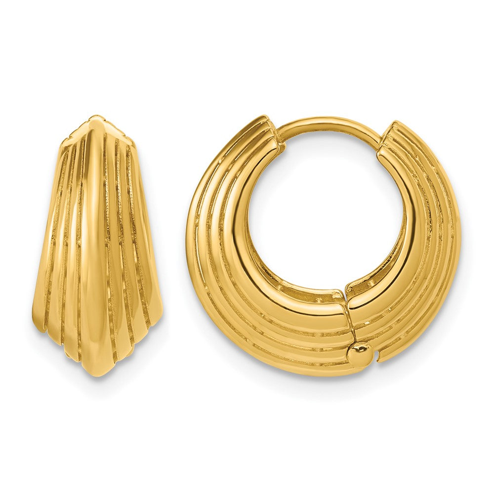 14K Yellow Gold Polished Grooved Hinged Hoop Earrings