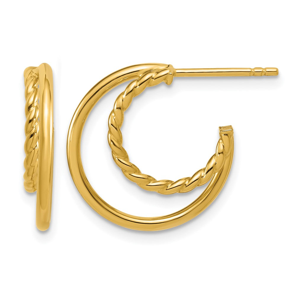 14K Yellow Gold Polished and Twisted 2-row J-Hoop Post Earrings
