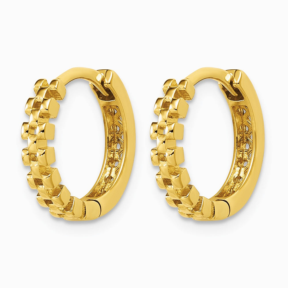 14K Yellow Gold Polished Link Pattern Huggie Hoop Earrings - Product Photo