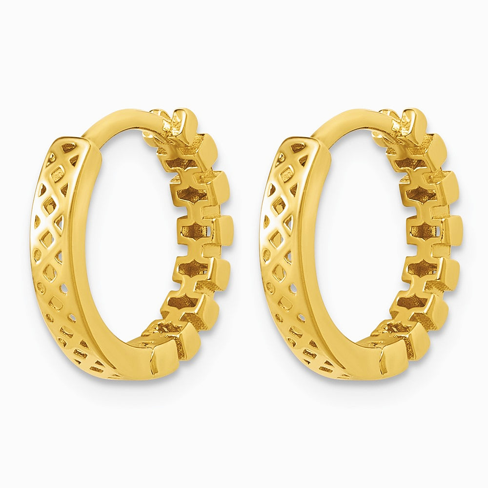 14K Yellow Gold Polished Link Pattern Huggie Hoop Earrings - Product Photo