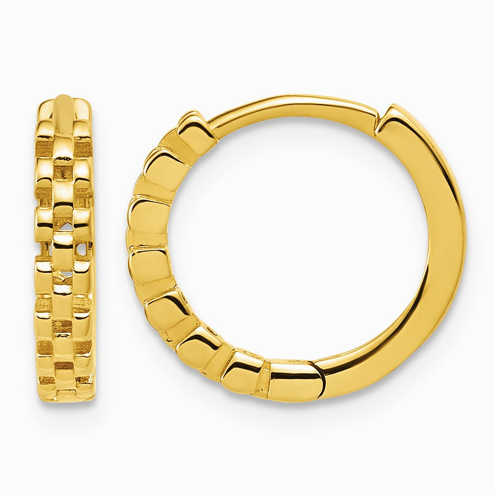 14K Yellow Gold Polished Link Pattern Huggie Hoop Earrings - Product Photo