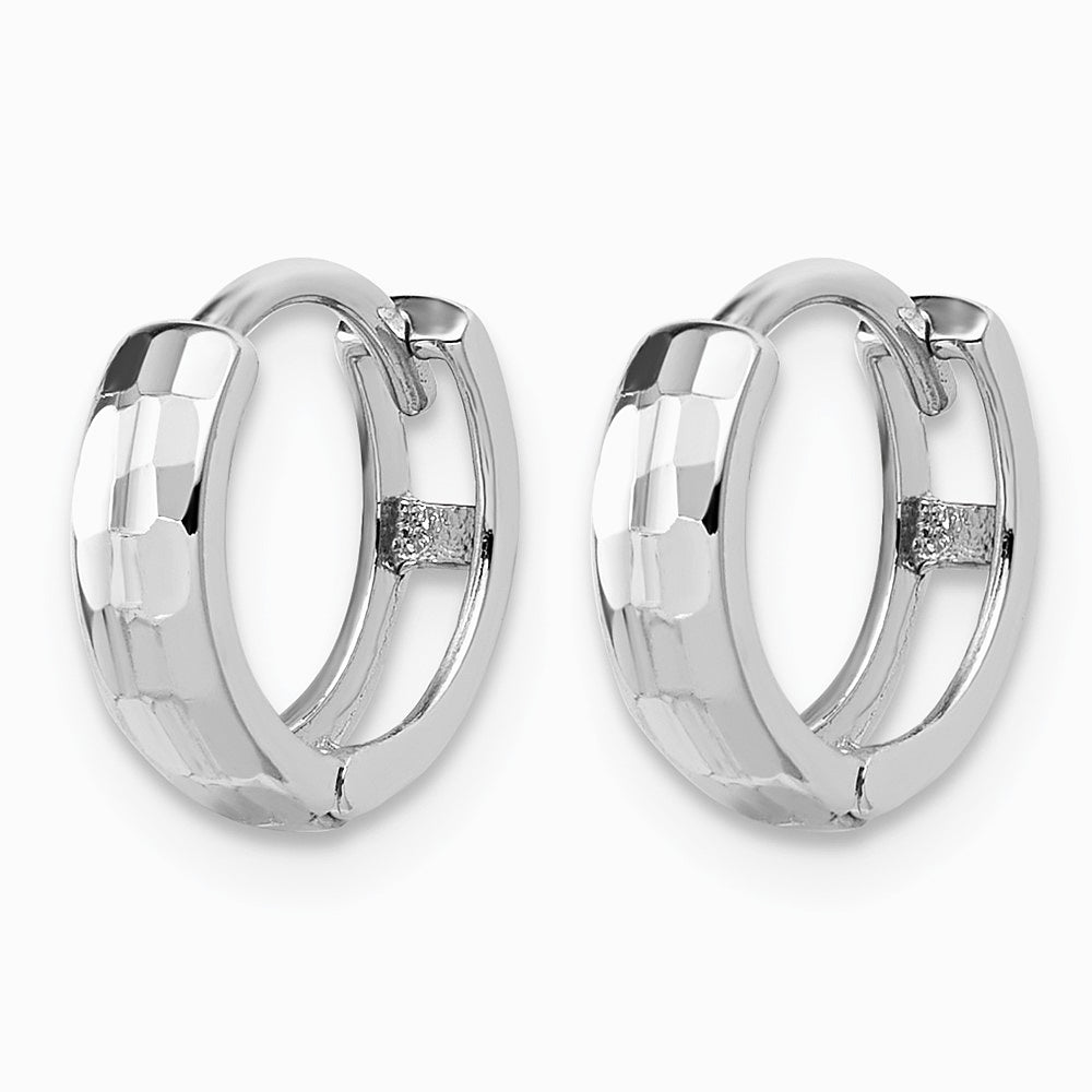 14K White Gold Polished and Diamond-Cut Huggie Hoop Earrings - Product Photo