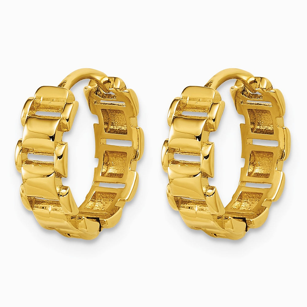 14K Yellow Gold Polished Link Pattern Hinged Huggie Hoop Earrings - Product Photo