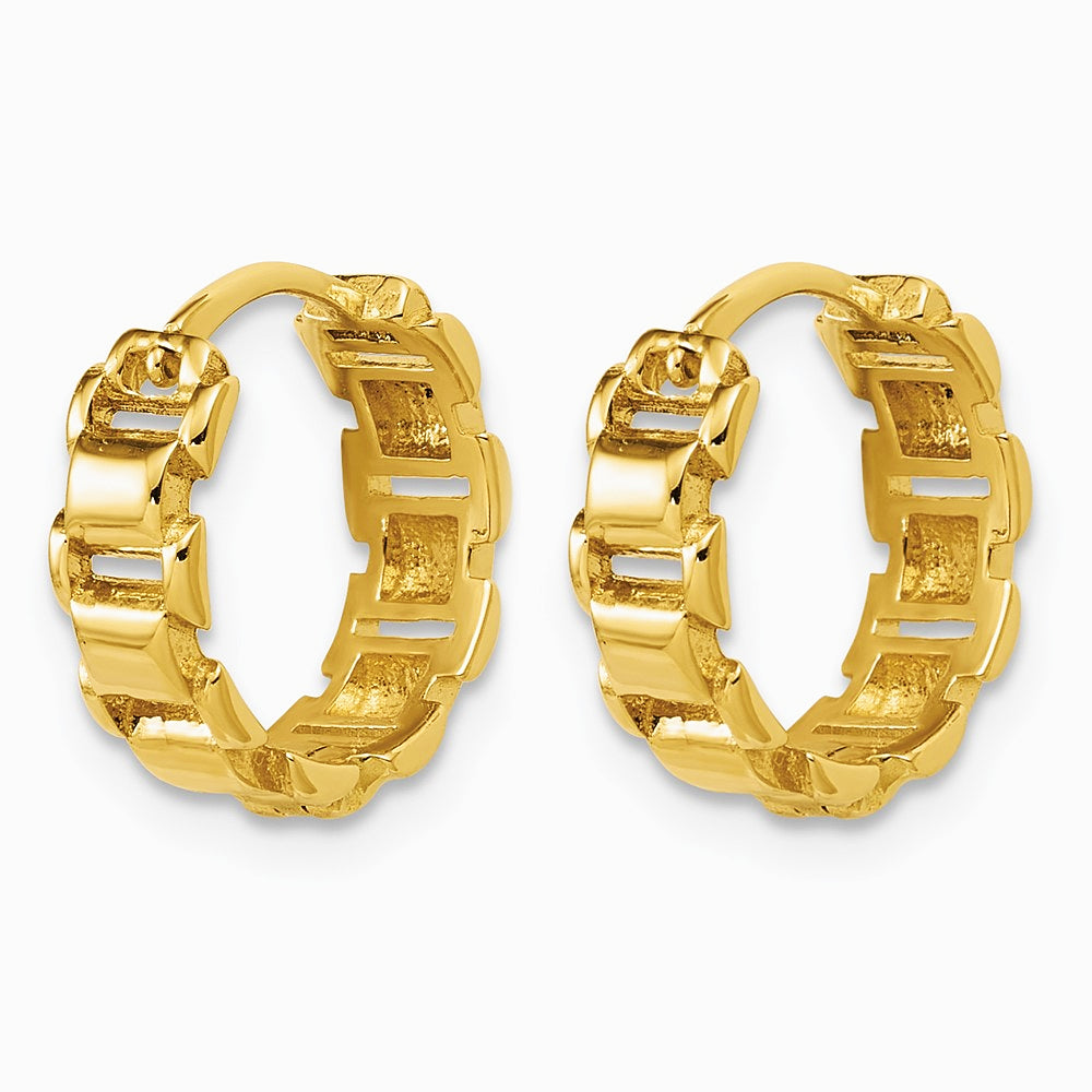 14K Yellow Gold Polished Link Pattern Hinged Huggie Hoop Earrings - Product Photo