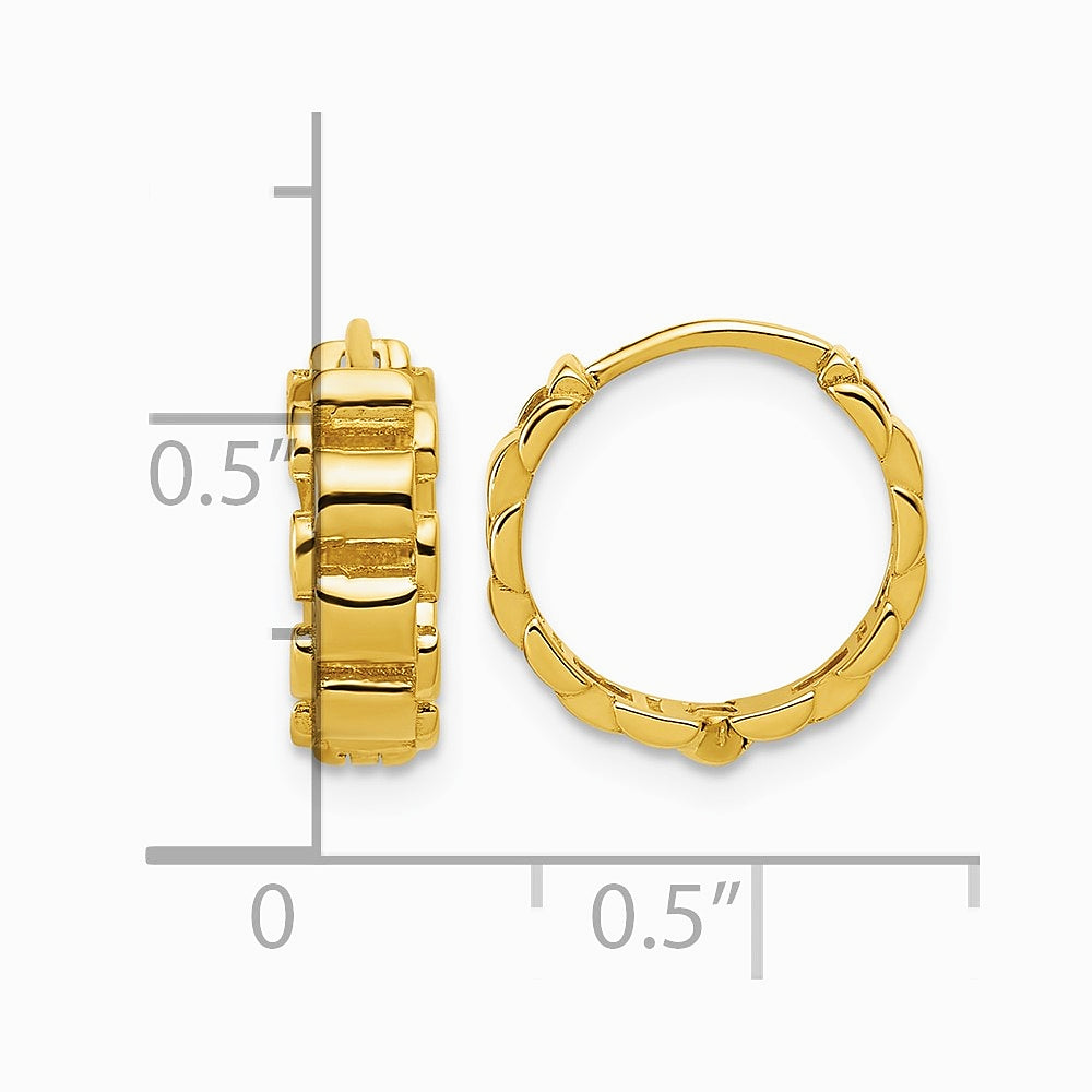 14K Yellow Gold Polished Link Pattern Hinged Huggie Hoop Earrings - Product Photo