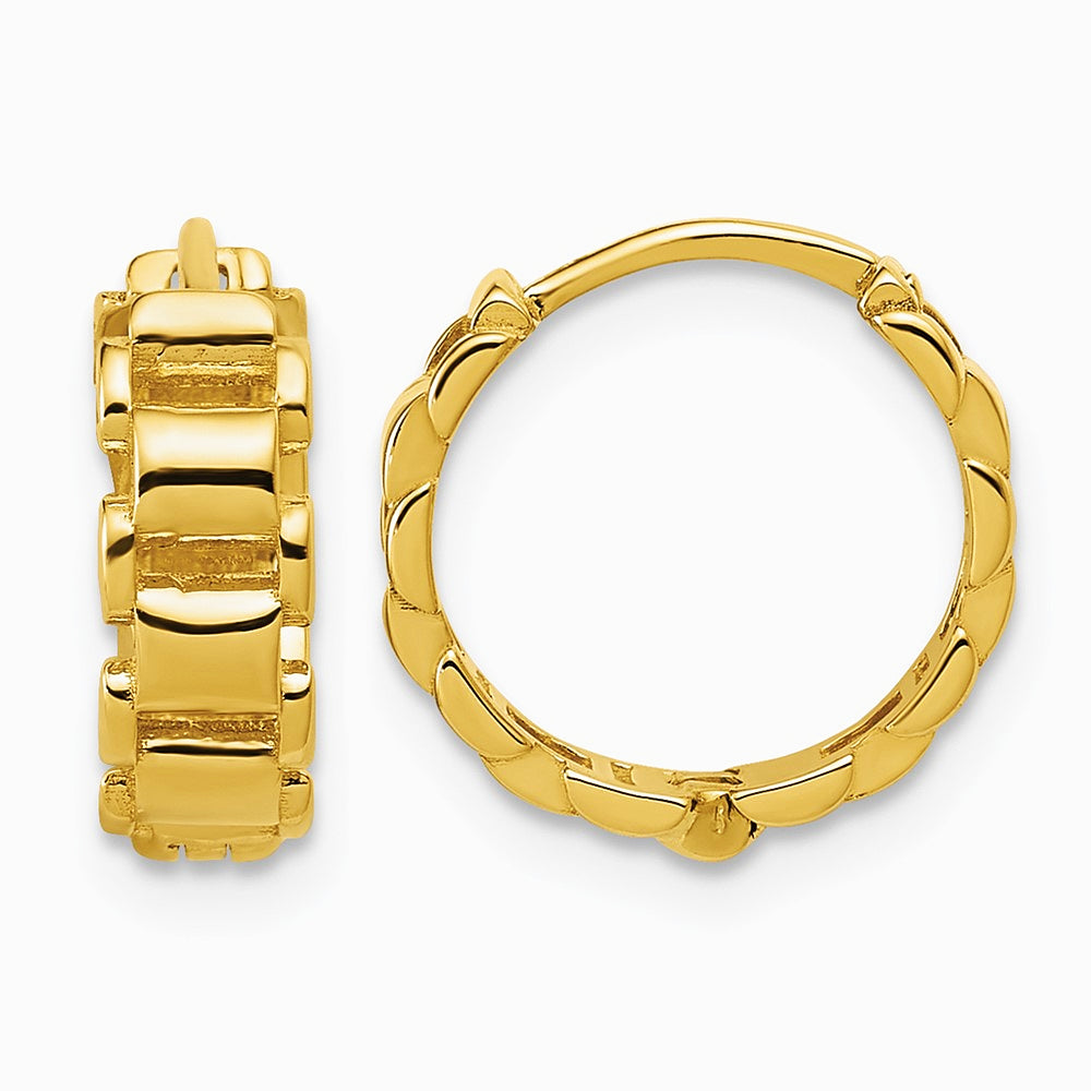 14K Yellow Gold Polished Link Pattern Hinged Huggie Hoop Earrings - Product Photo
