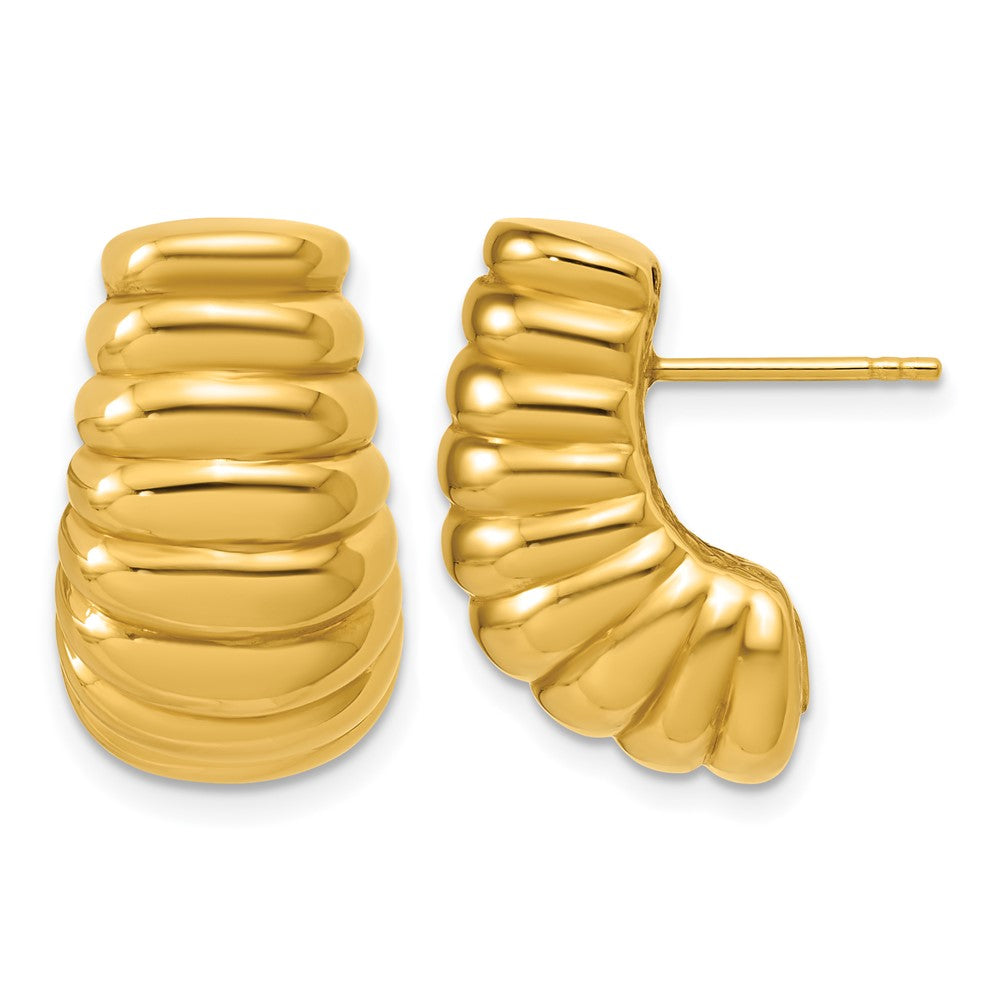 14K Yellow Gold Polished and Grooved Hollow Puffed Post Earrings
