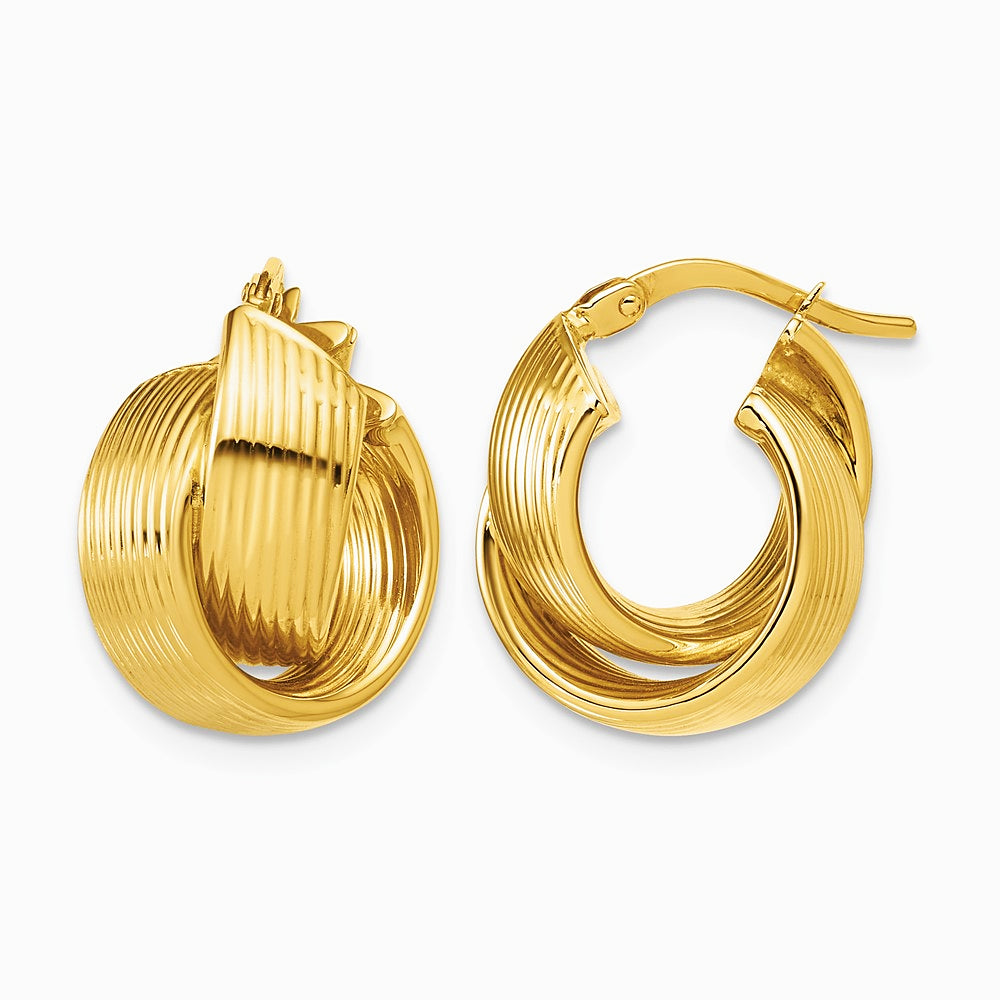 14K Yellow Gold Polished Grooved and Twisted Hoop Earrings