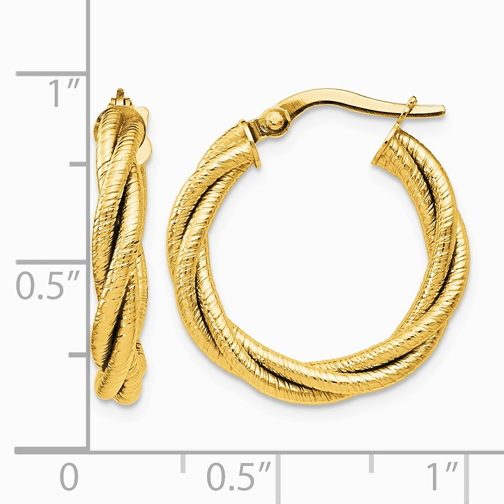 14K Yellow Gold Polished Grooved and Twisted Hoop Earrings - Product Photo