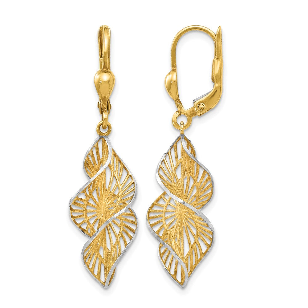 14K Yellow & RH with White RH Textured and Diamond-Cut Leverback Earrings