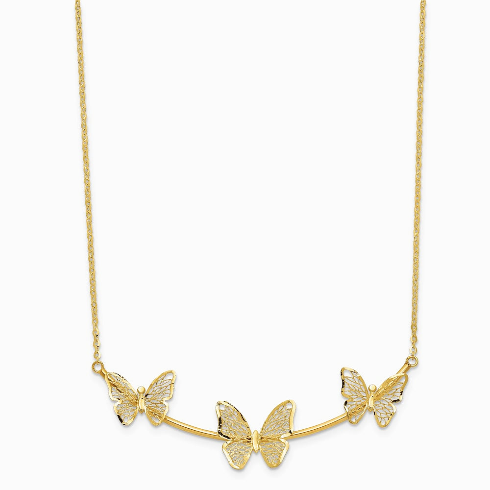 14K Yellow Gold Polished Filigree 3-Butterfly Bar Necklace - Product Photo
