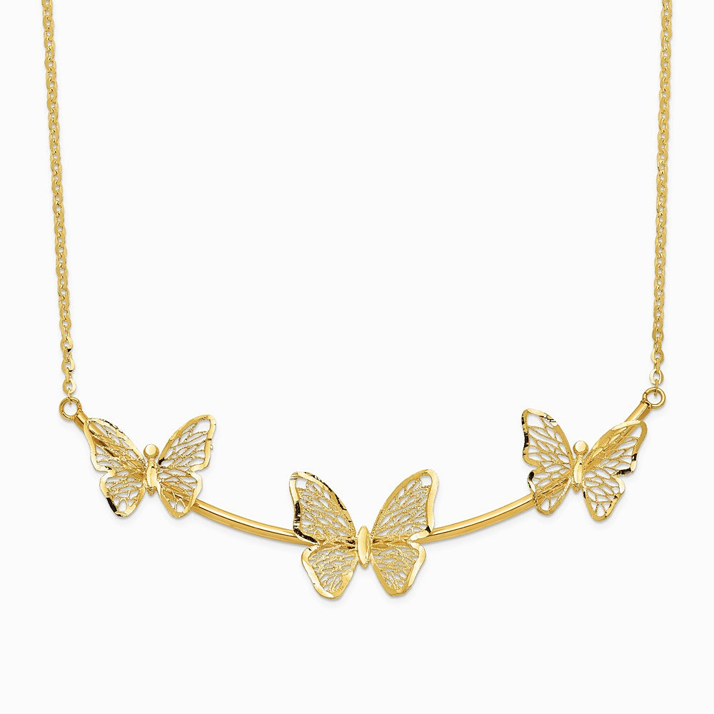 14K Yellow Gold Polished Filigree 3-Butterfly Bar Necklace - Product Photo