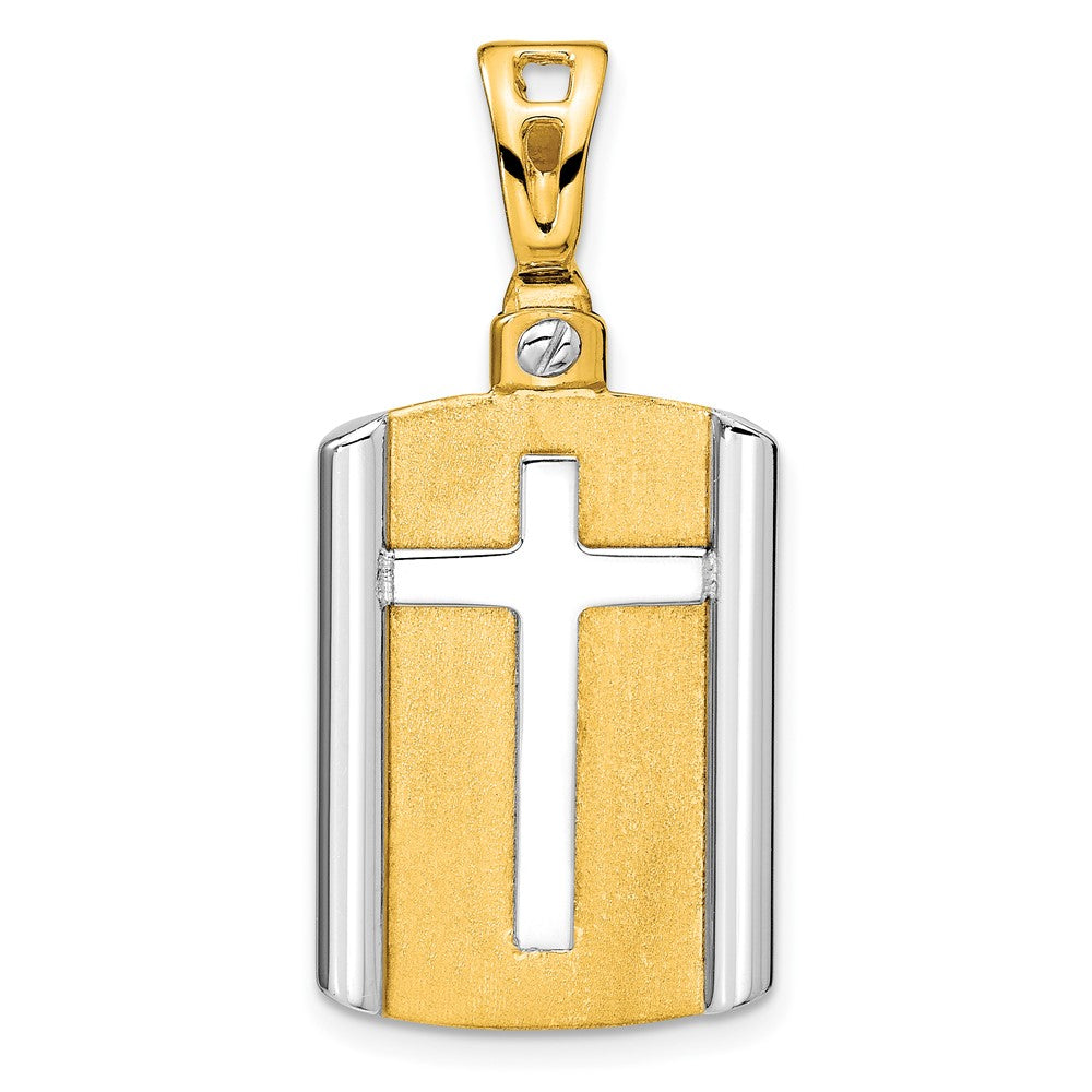 14K Two-Tone Gold Brushed Cross Dog Tag Pendant