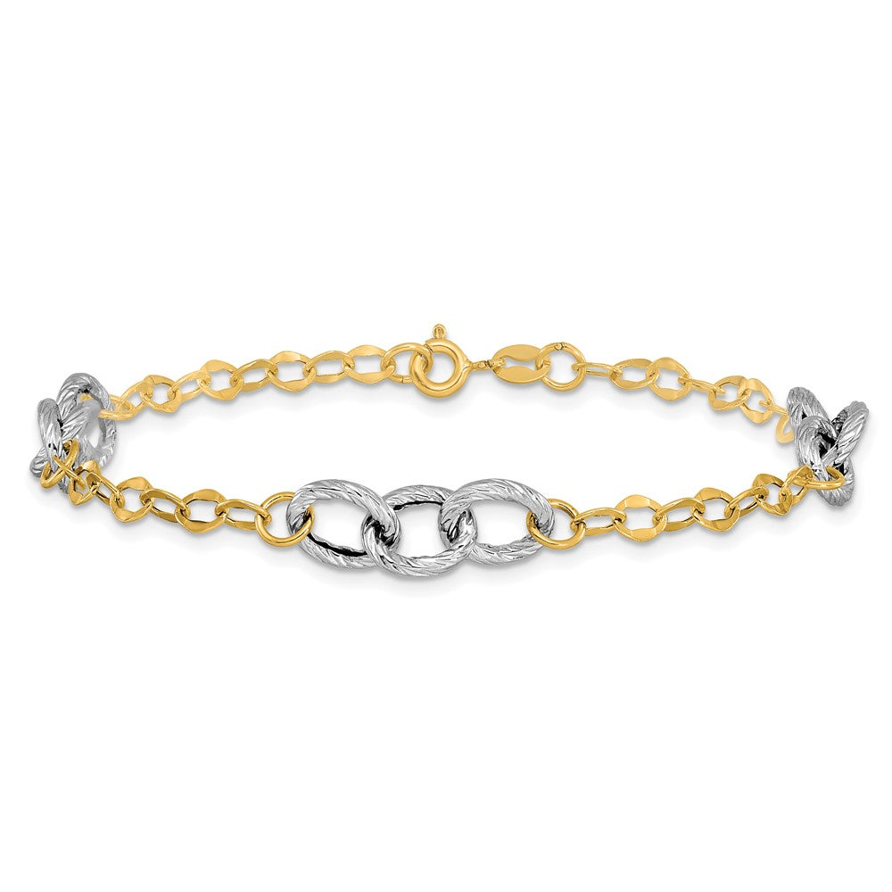 14K Two-tone Polished and Textured Fancy Link Bracelet - Product Photo
