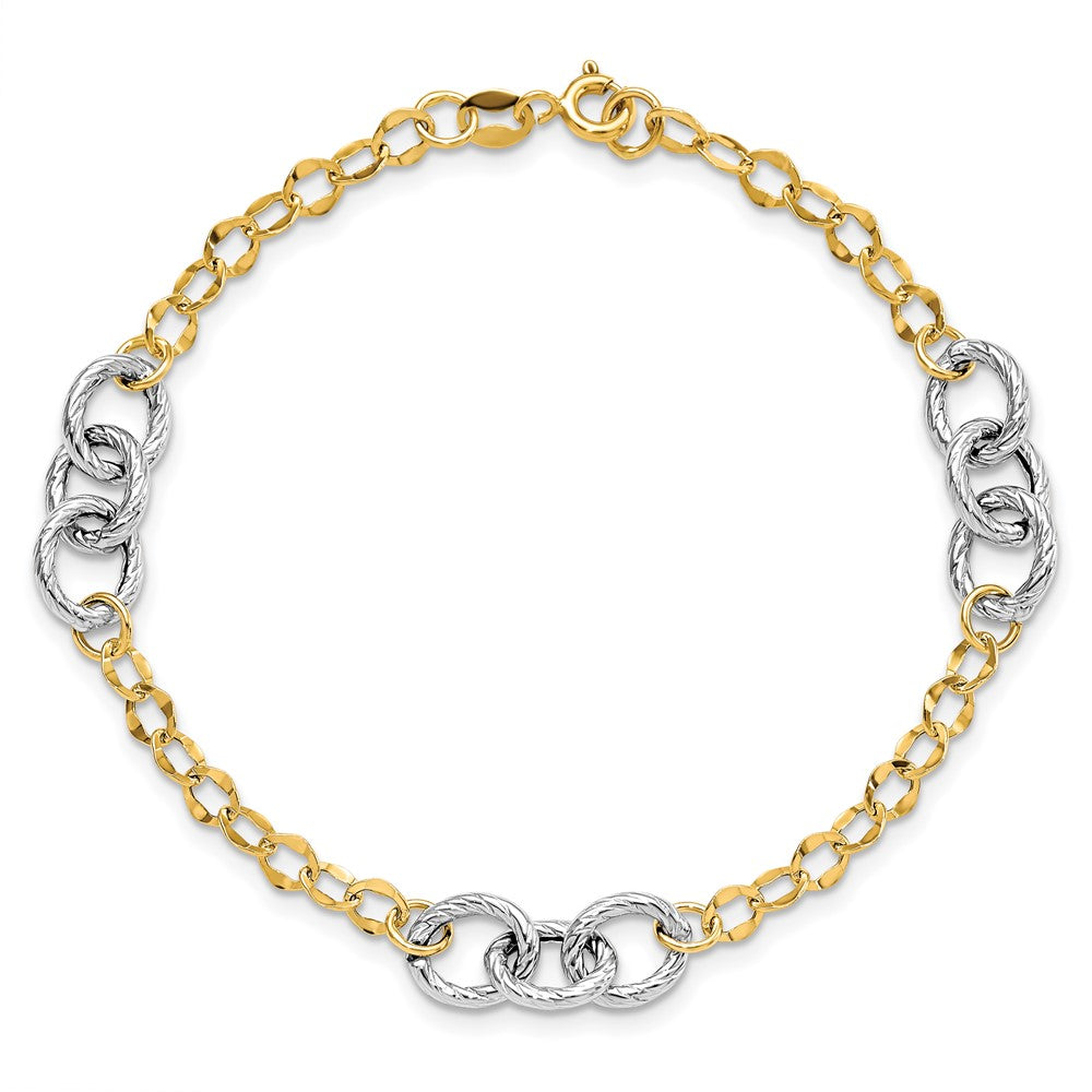 14K Two-tone Polished and Textured Fancy Link Bracelet - Product Photo