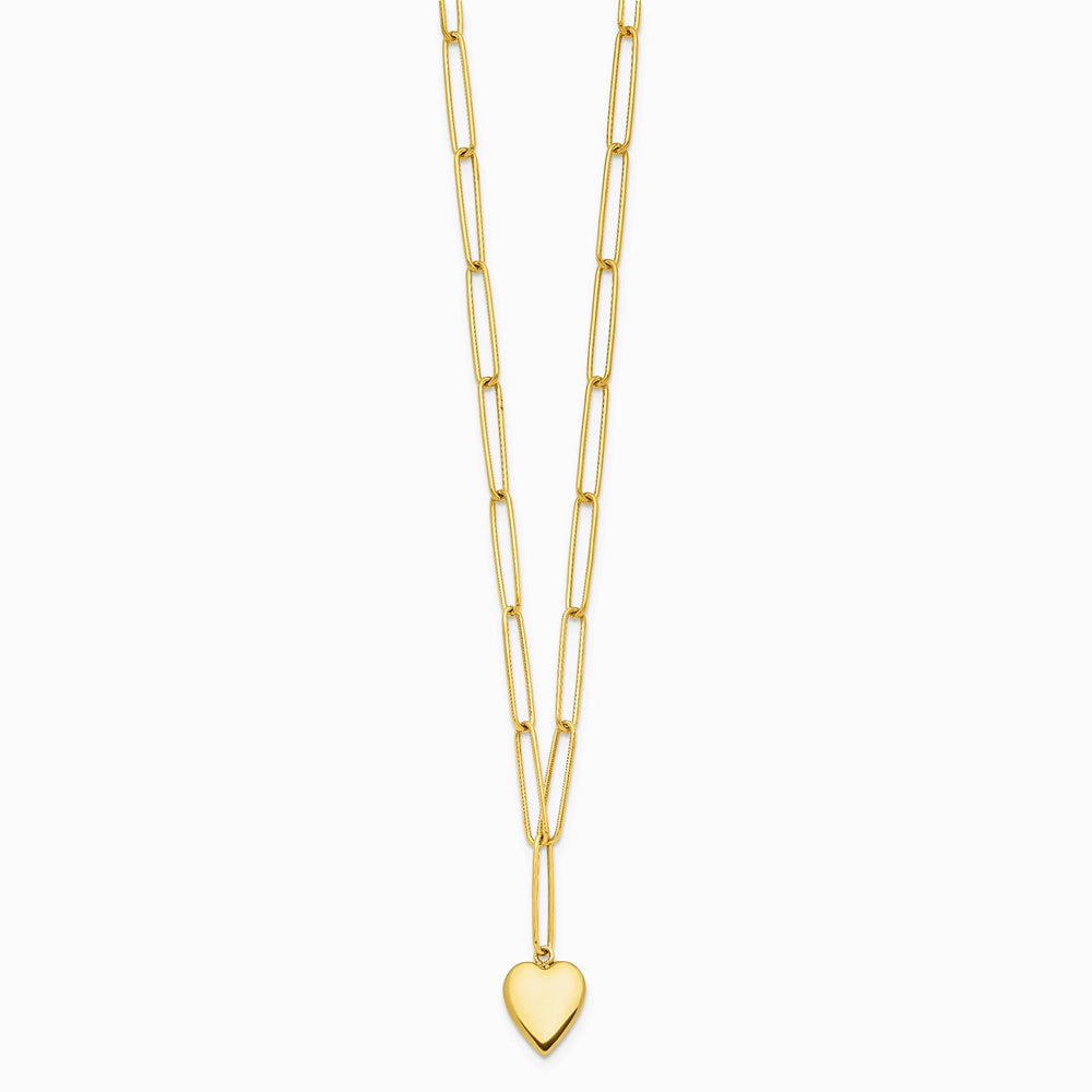 14K Yellow Gold Polished Heart Paperclip Link Necklace - Product Photo
