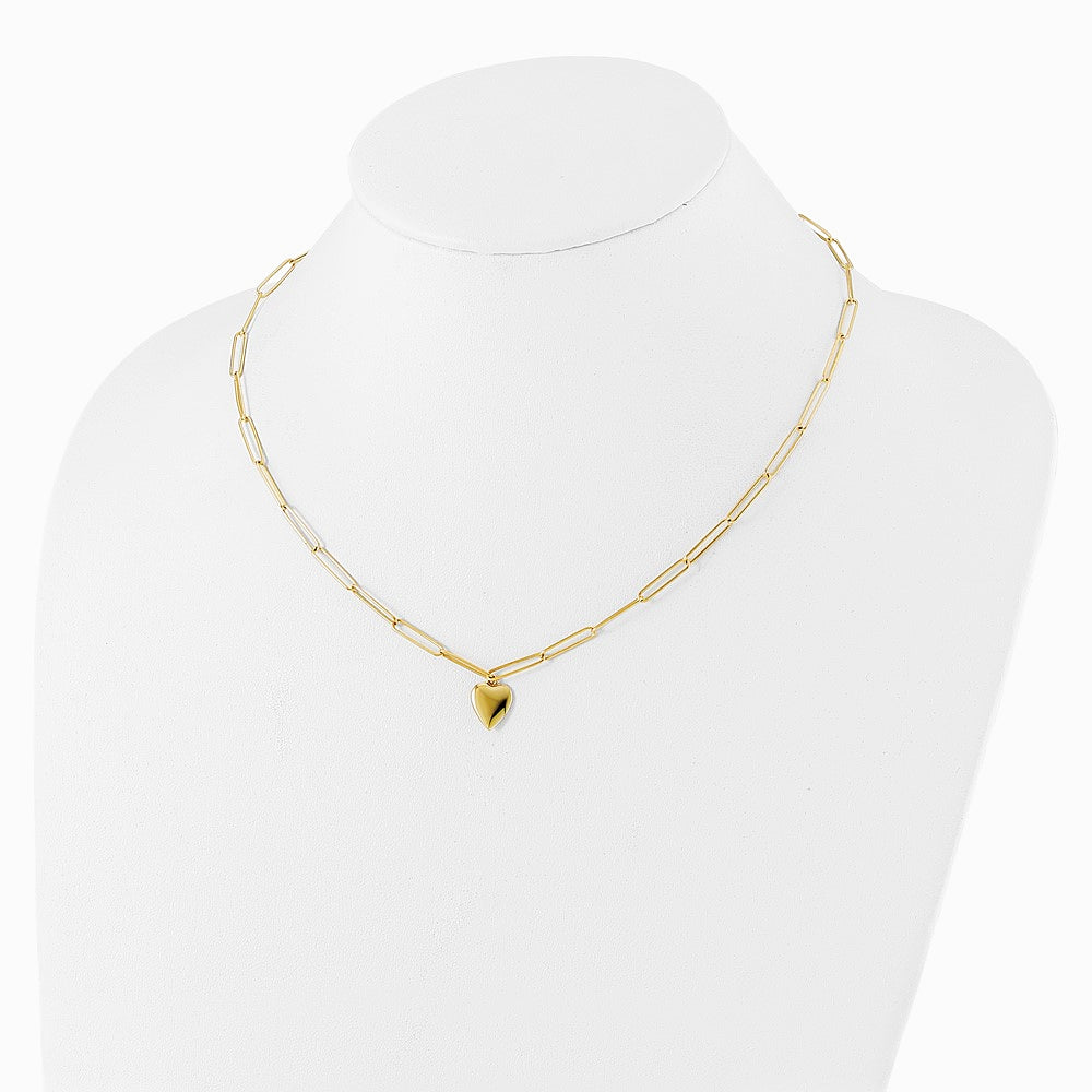14K Yellow Gold Polished Heart Paperclip Link Necklace - Product Photo