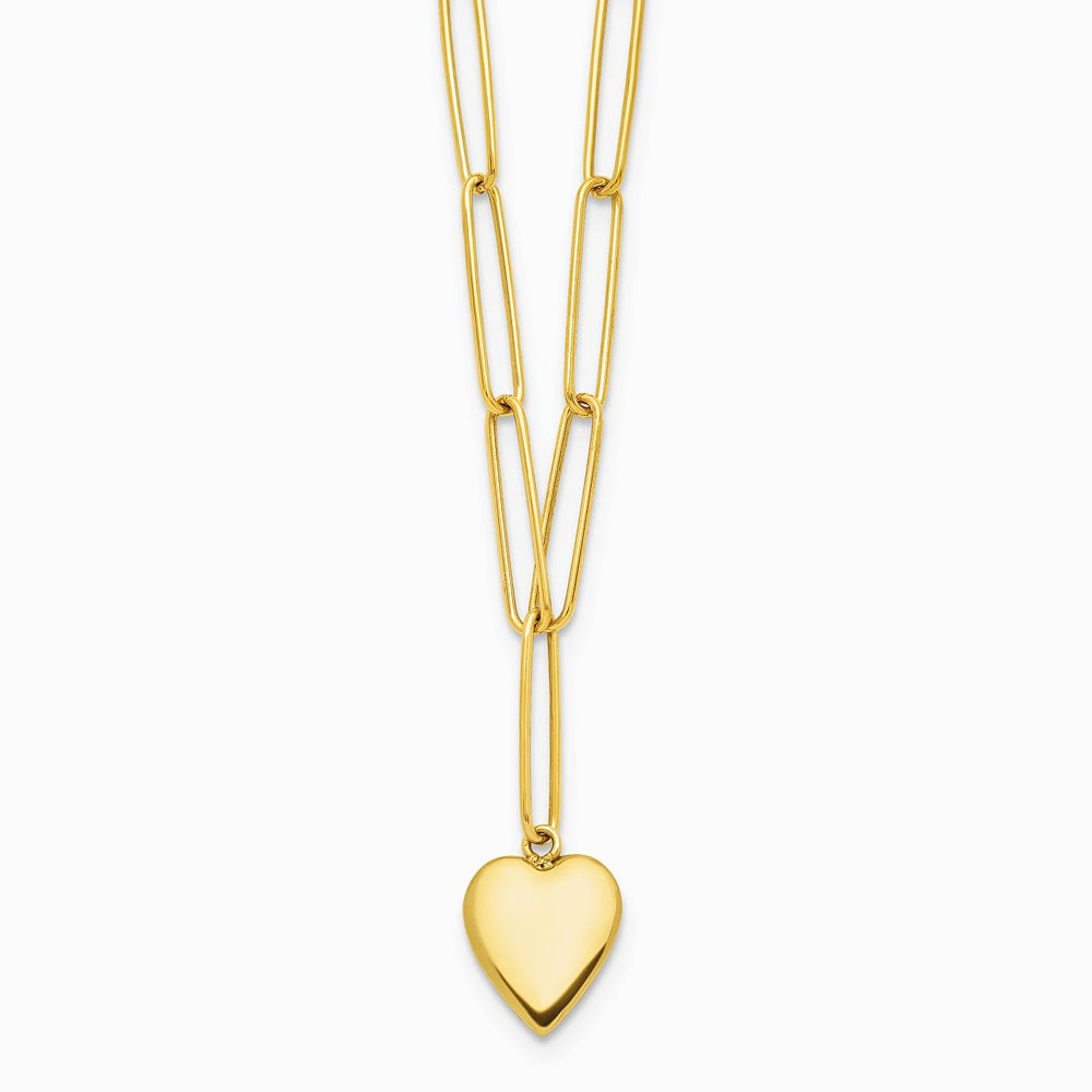 14K Yellow Gold Polished Heart Paperclip Link Necklace - Product Photo