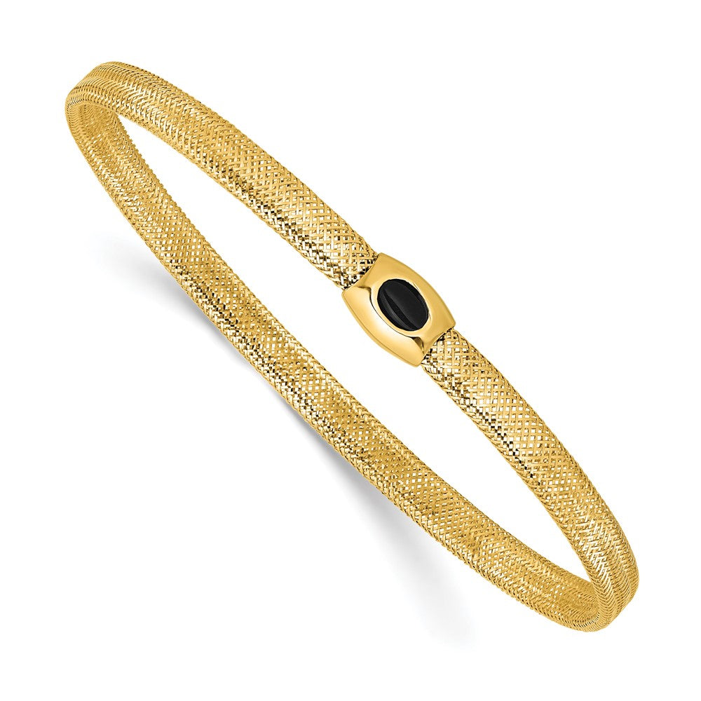 14K Yellow Gold Polished Onyx Mesh Slip-on Stretch Bracelet