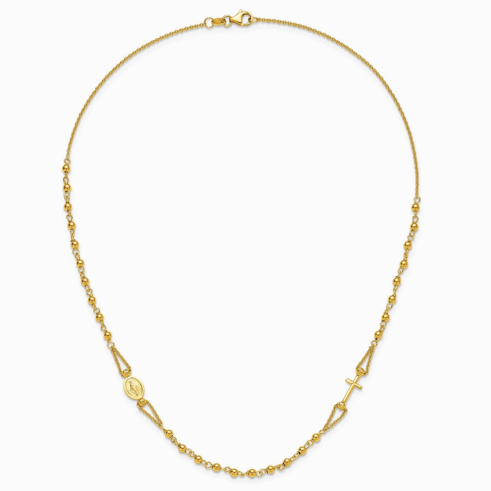 14K Yellow Gold Polish/Dia-cut/Beaded Religious Rosary Style Necklace - Product Photo