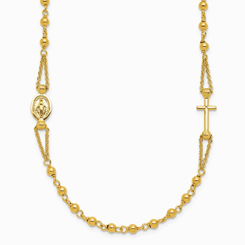 14K Yellow Gold Polish/Dia-cut/Beaded Religious Rosary Style Necklace - Product Photo
