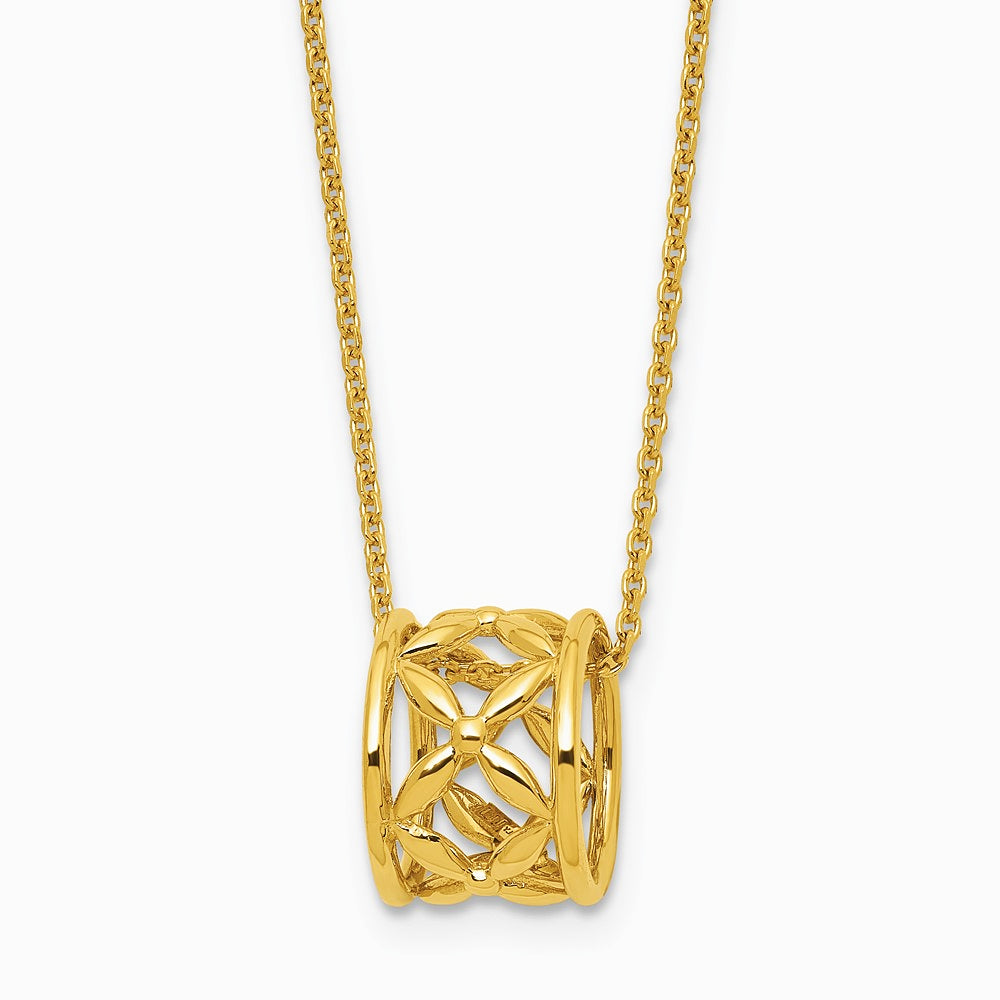 14K Yellow Gold Polished Floral Bead with 1 Inch Ext. Necklace - Product Photo