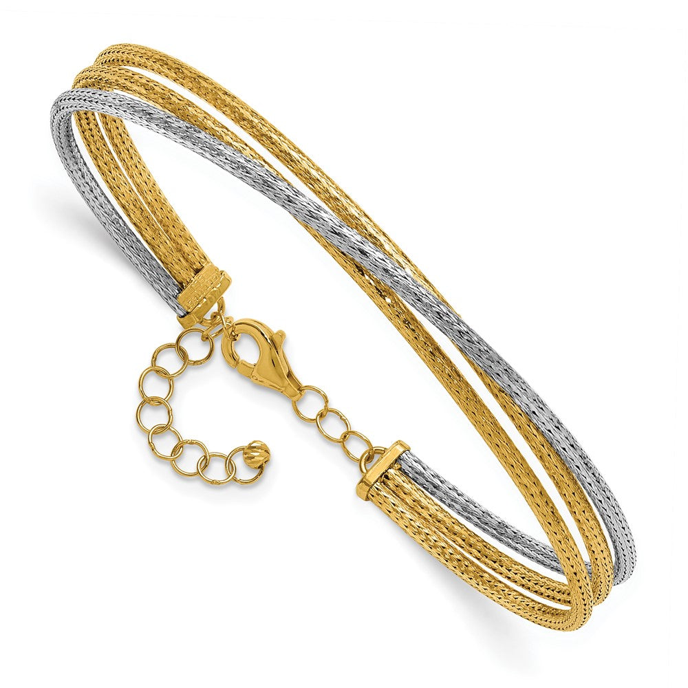 14K Two-tone 14KTT Polished & Textured Fancy 3-Wire w/ 1in Ext. Bangle