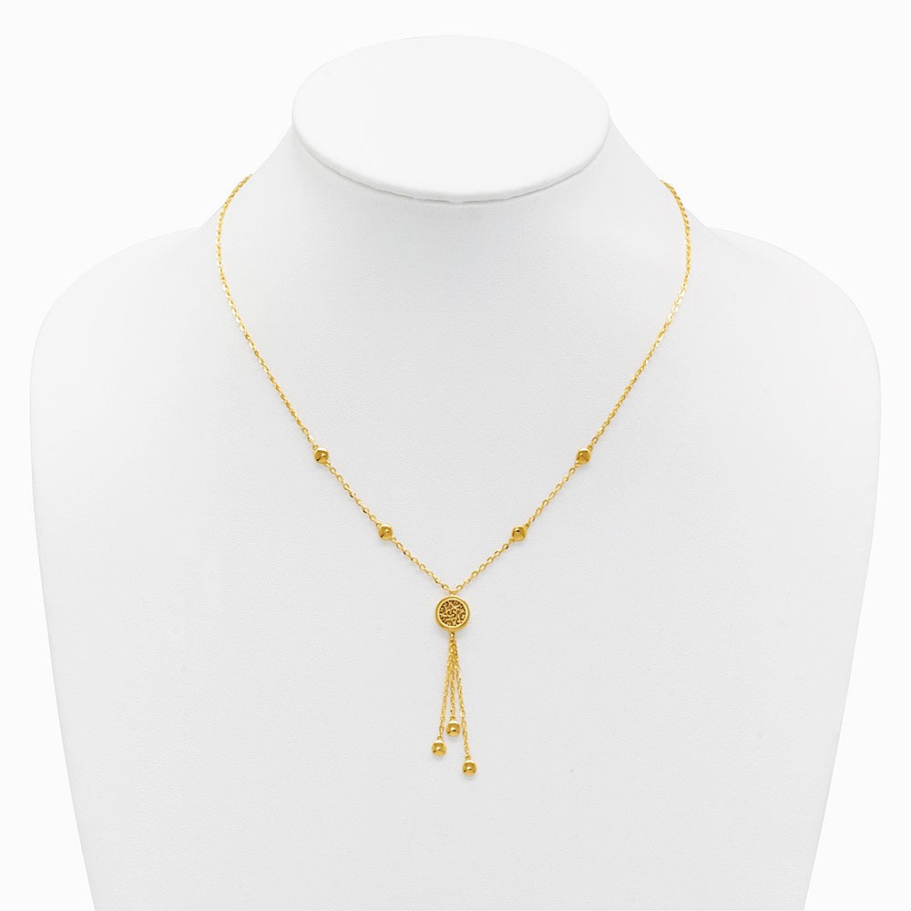 14K Yellow Gold Polished Fancy Filigree Circles Dangle Necklace - Product Photo