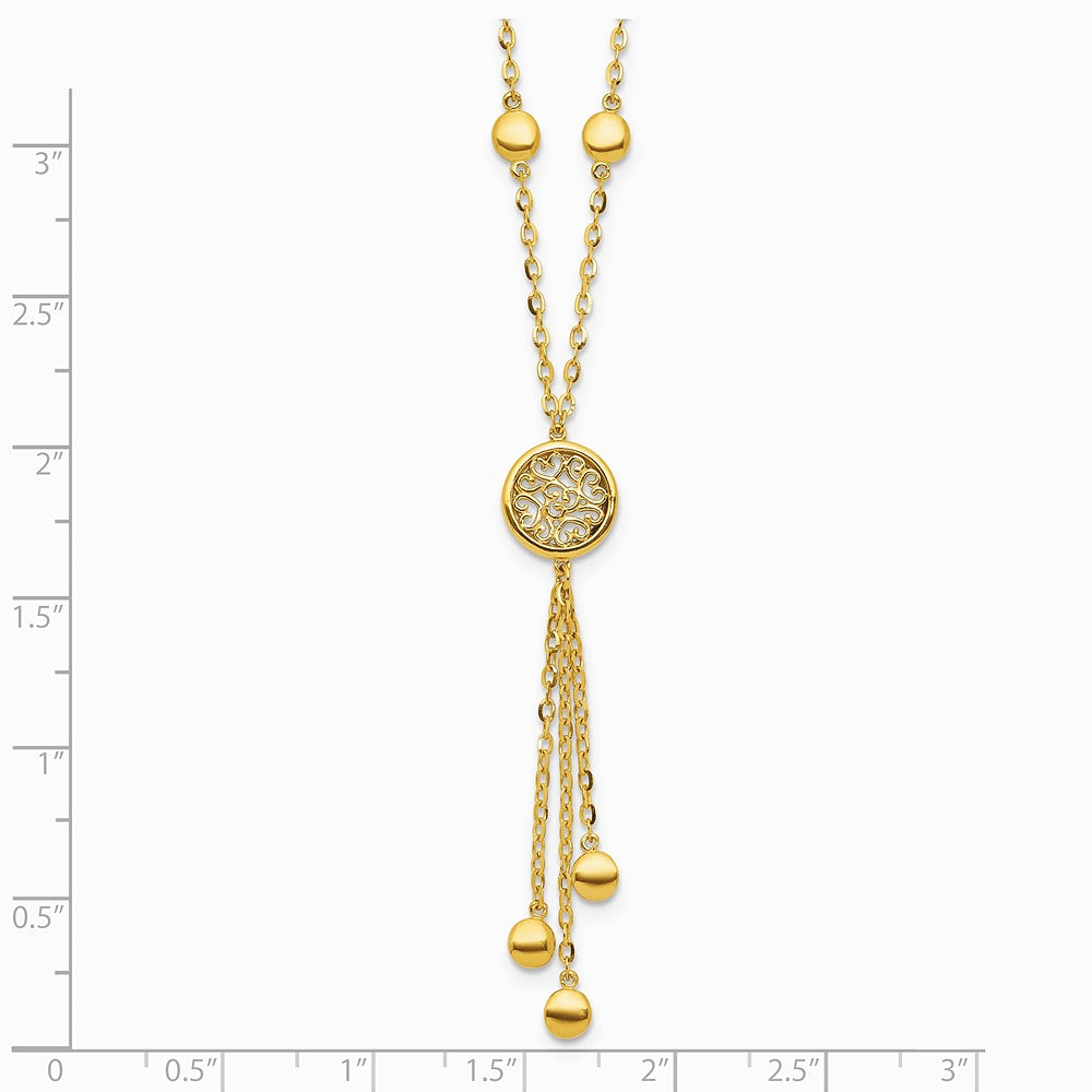 14K Yellow Gold Polished Fancy Filigree Circles Dangle Necklace - Product Photo