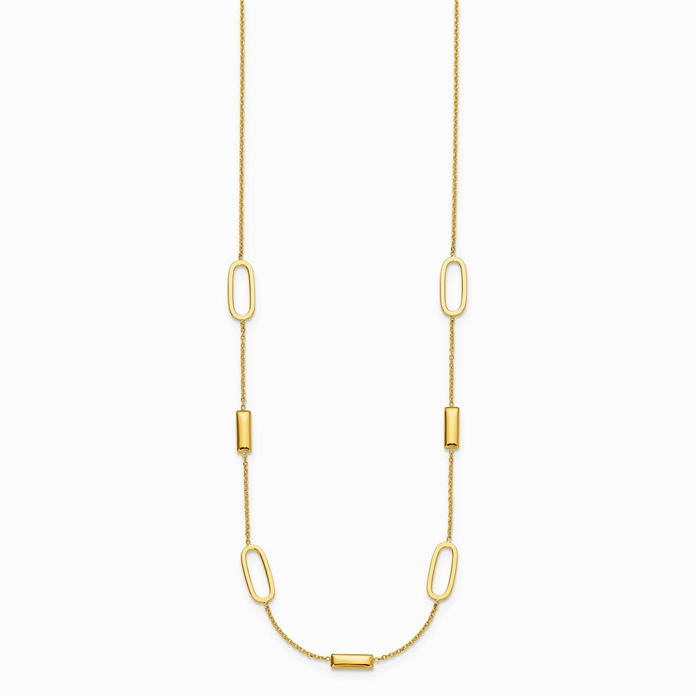 14K Yellow Gold Polished Elongated Oval and Bar with 2in Ext. Necklace - Product Photo
