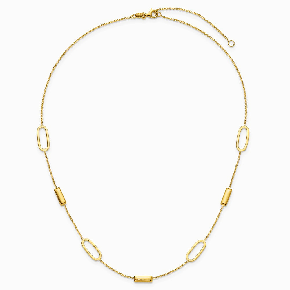 14K Yellow Gold Polished Elongated Oval and Bar with 2in Ext. Necklace - Product Photo