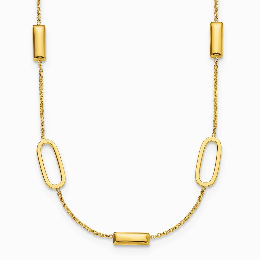14K Yellow Gold Polished Elongated Oval and Bar with 2in Ext. Necklace - Product Photo
