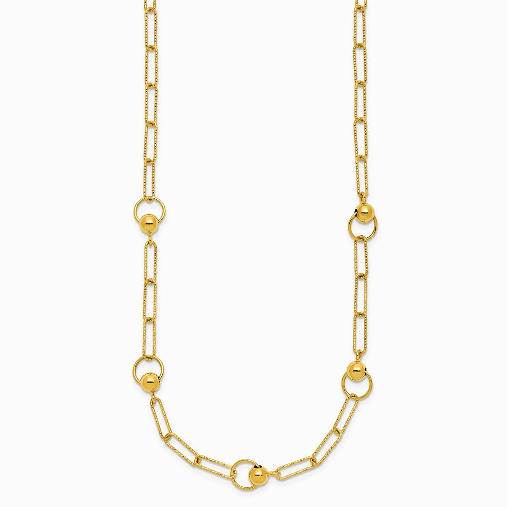 14K Yellow Gold Polished and Dia-cut. Circle Station Paperclip Necklace - Product Photo