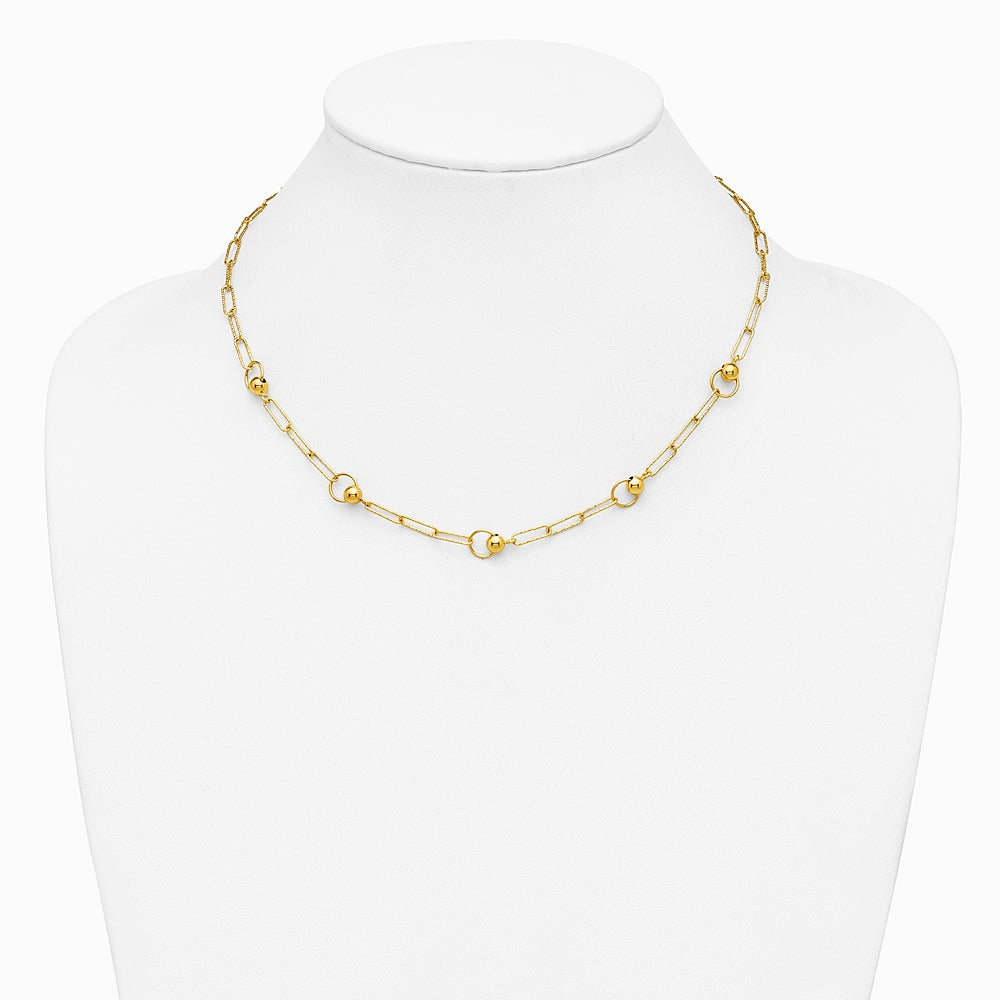 14K Yellow Gold Polished and Dia-cut. Circle Station Paperclip Necklace - Product Photo