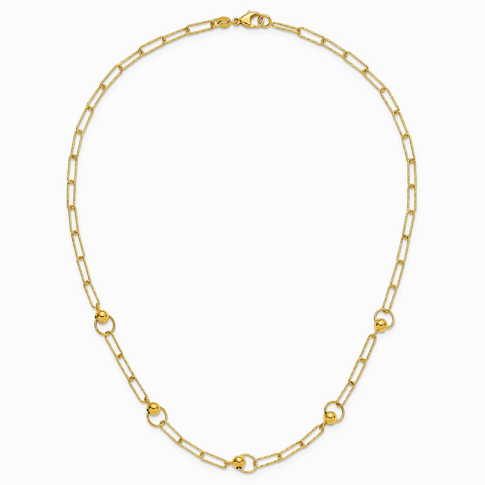 14K Yellow Gold Polished and Dia-cut. Circle Station Paperclip Necklace - Product Photo