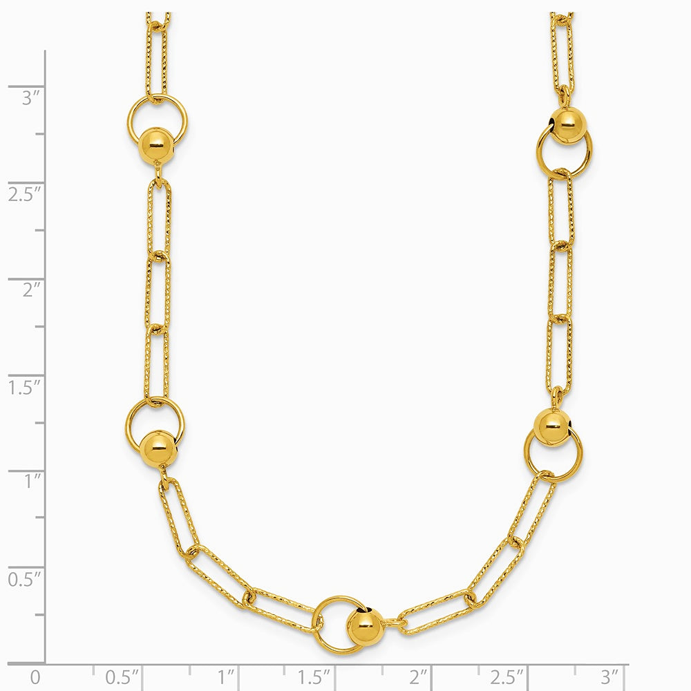 14K Yellow Gold Polished and Dia-cut. Circle Station Paperclip Necklace - Product Photo