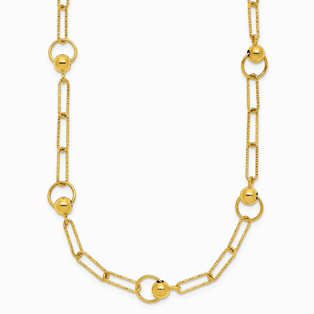 14K Yellow Gold Polished and Dia-cut. Circle Station Paperclip Necklace - Product Photo