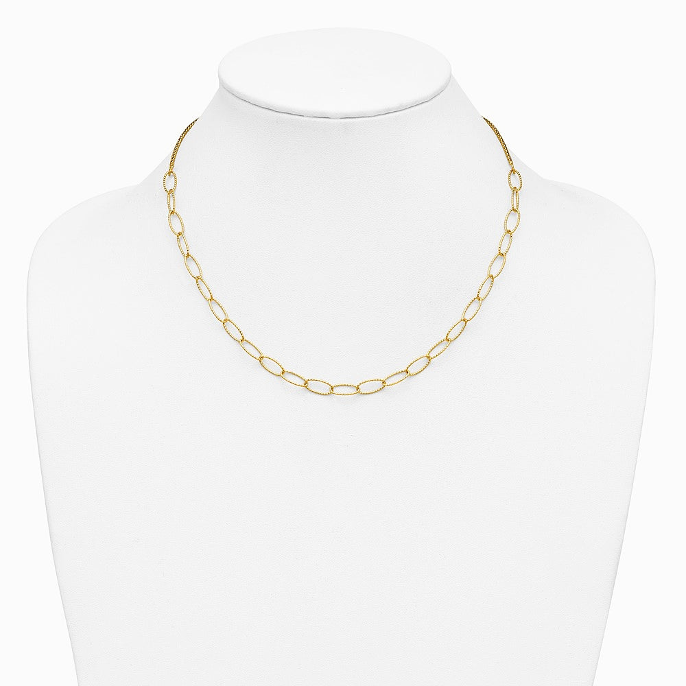 14K Yellow Gold Polished and Dia-cut Fancy Oval Link Necklace - Product Photo