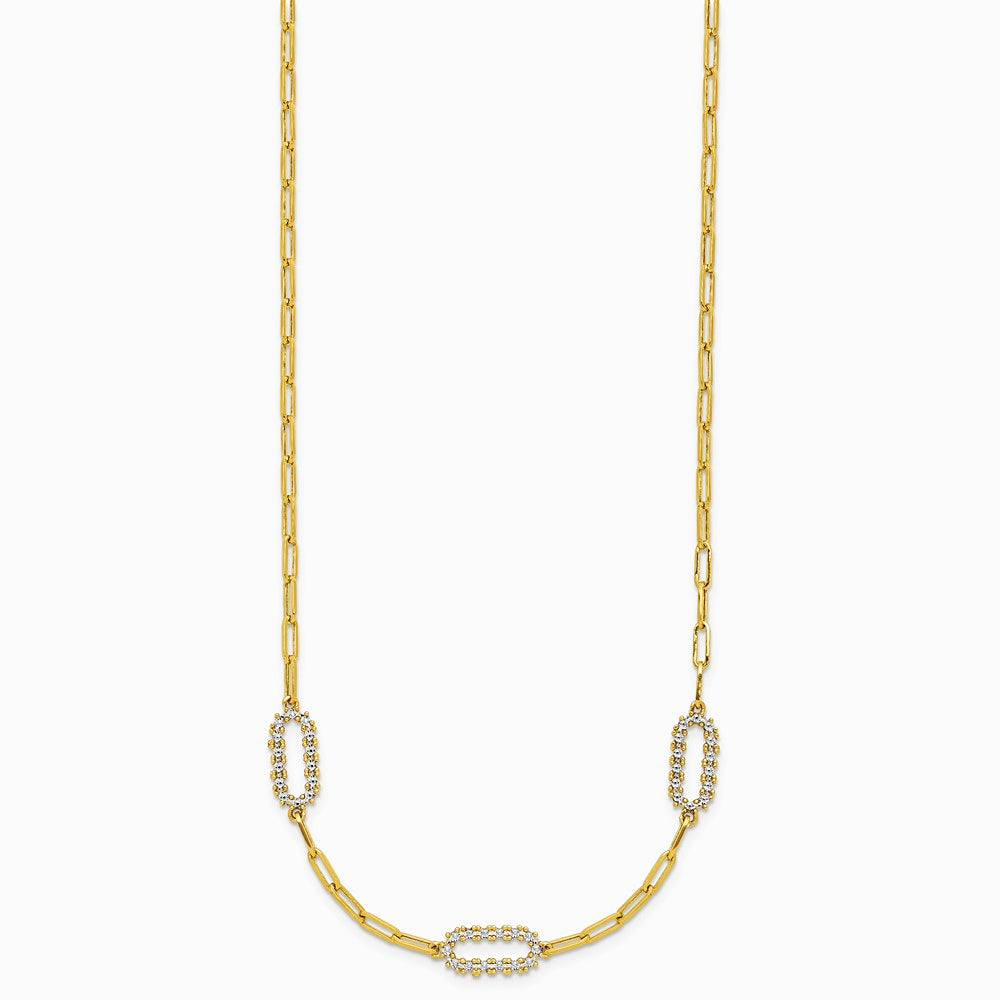 14K Yellow & RH with White RH Pol. and Dia-cut Paperclip Fancy Necklace - Product Photo